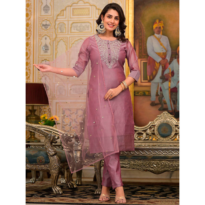 Odette Purple Embroidered Cotton Silk Stitched Kurta with Pant and Dupatta (Set of 3)