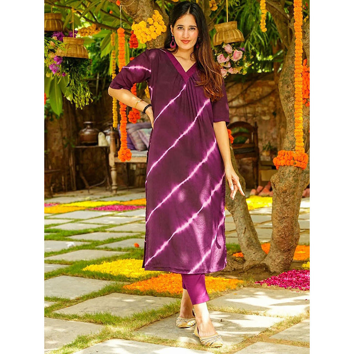 Odette Purple Printed Muslin Stitched Kurta with Pant (Set of 2)