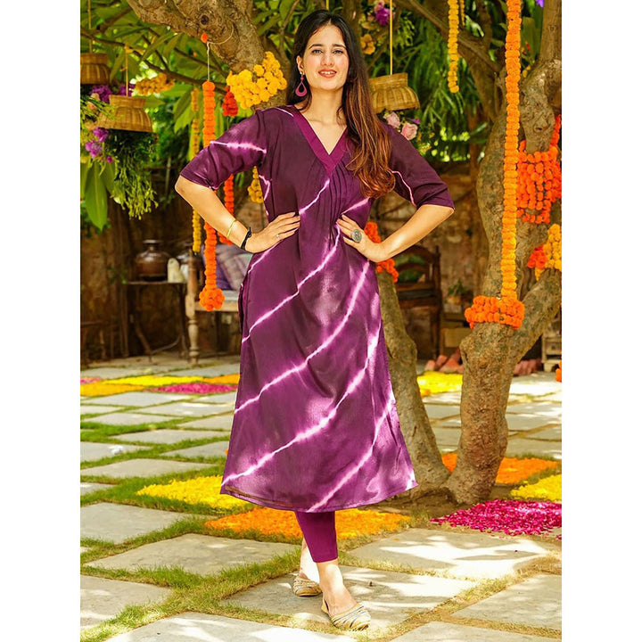 Odette Purple Printed Muslin Stitched Kurta with Pant (Set of 2)