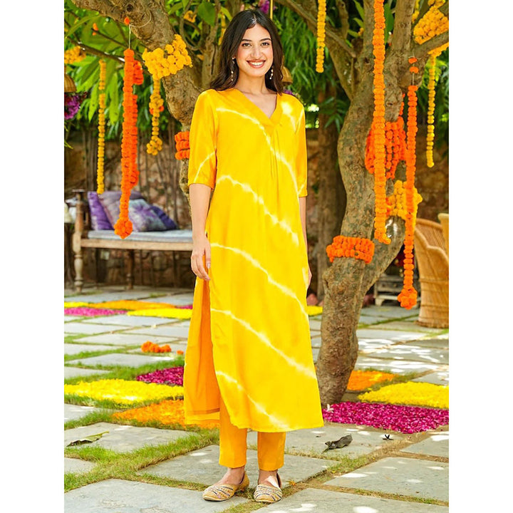 Odette Yellow Printed Muslin Stitched Kurta with Pant (Set of 2)