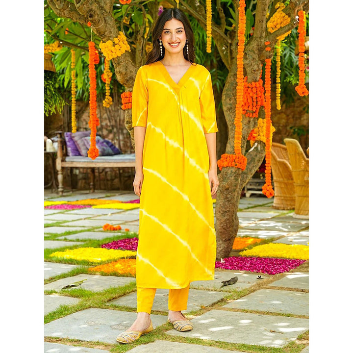 Odette Yellow Printed Muslin Stitched Kurta with Pant (Set of 2)