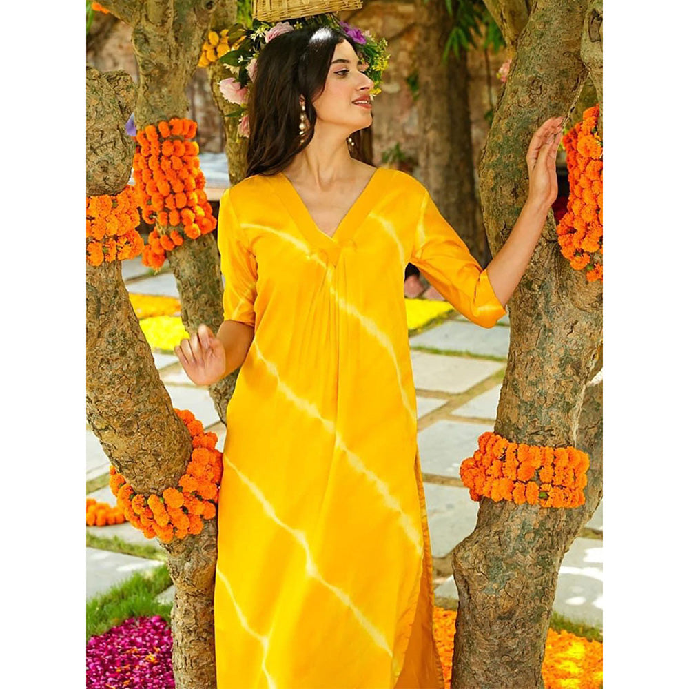 Odette Yellow Printed Muslin Stitched Kurta with Pant (Set of 2)