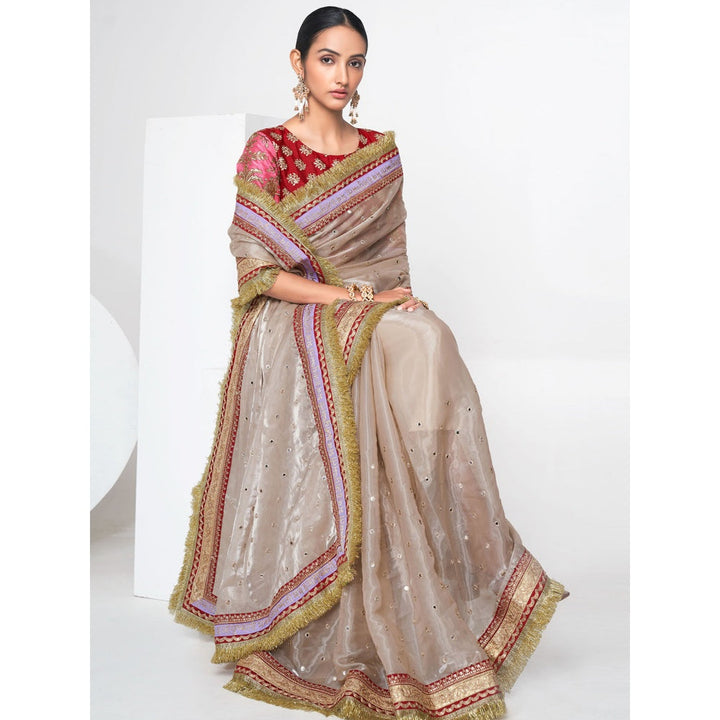 Odette Women Beige Organza Saree with Unstitched Blouse