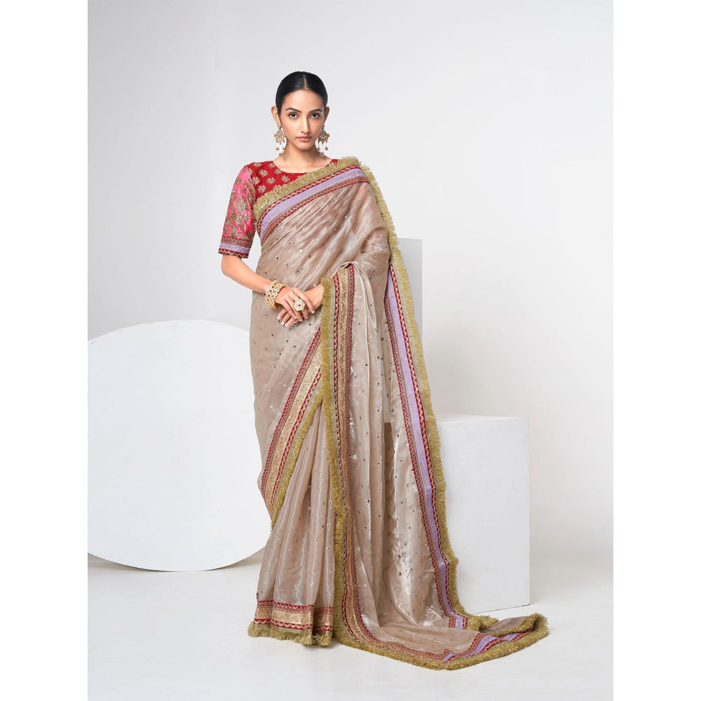 Odette Women Beige Organza Saree with Unstitched Blouse