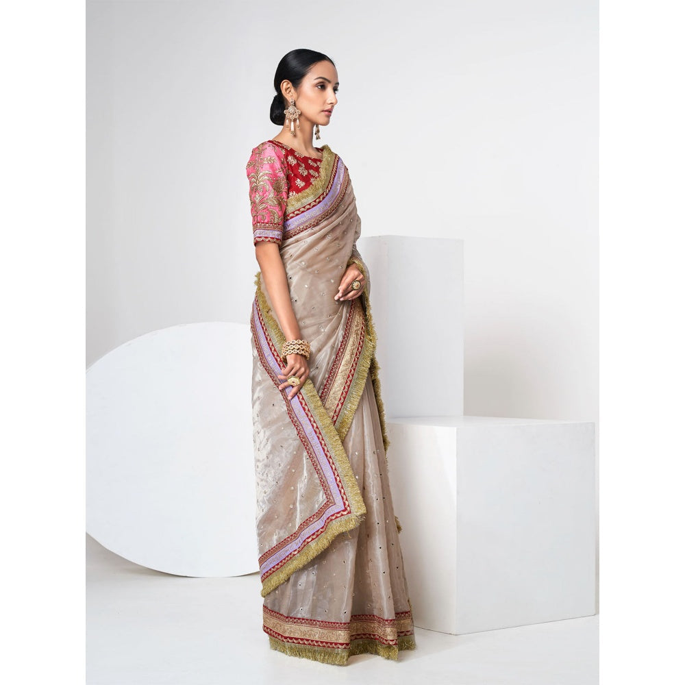 Odette Women Beige Organza Saree with Unstitched Blouse