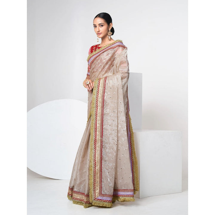 Odette Women Beige Organza Saree with Unstitched Blouse