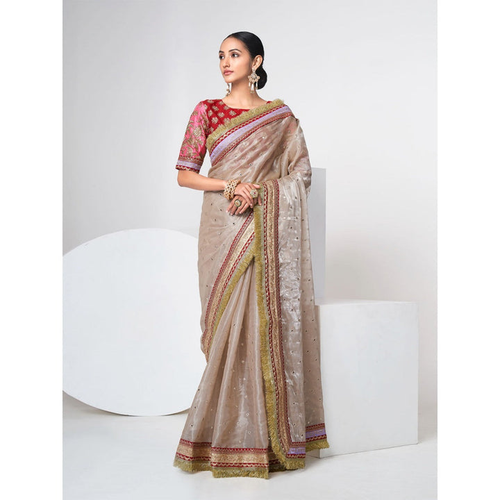 Odette Women Beige Organza Saree with Unstitched Blouse