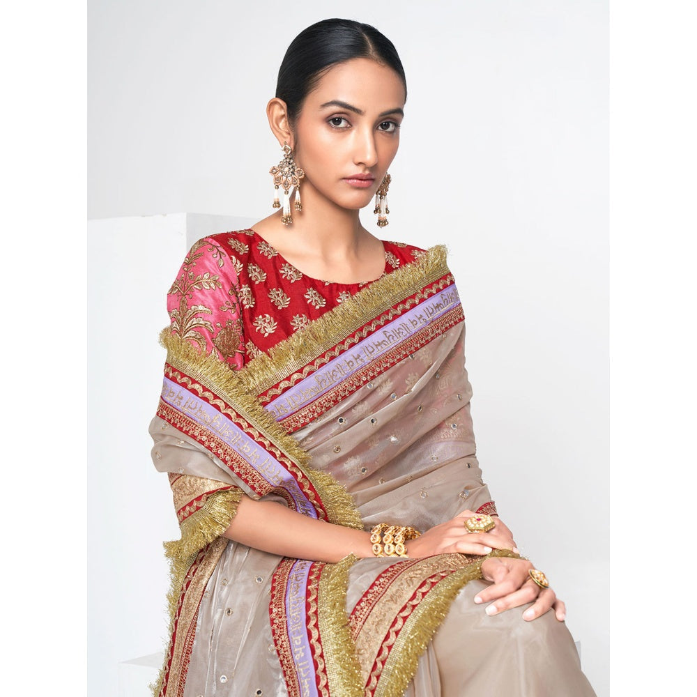 Odette Women Beige Organza Saree with Unstitched Blouse