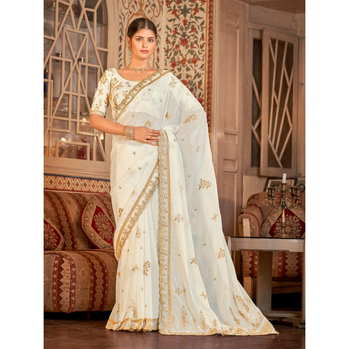 Odette Women White Organza Embroidered Saree with Unstitched Blouse