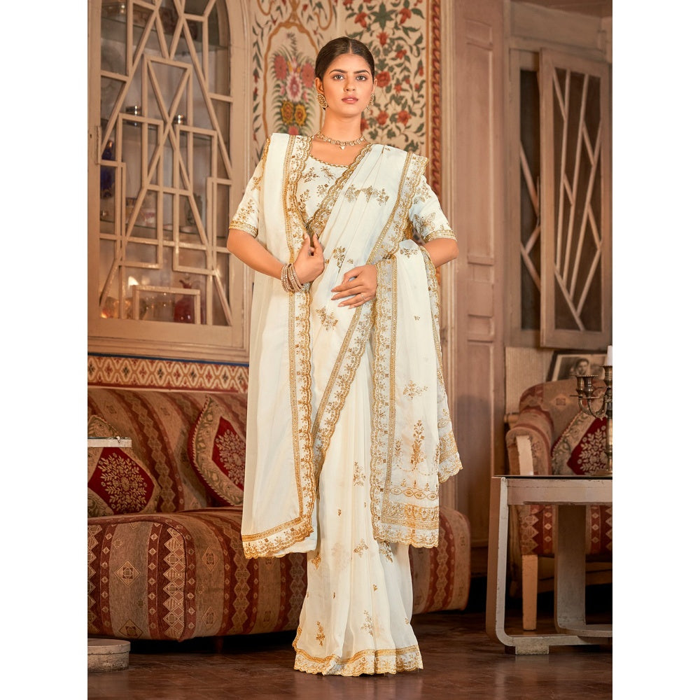 Odette Women White Organza Embroidered Saree with Unstitched Blouse