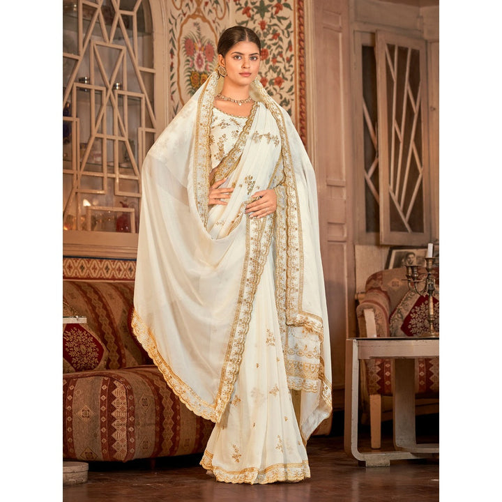 Odette Women White Organza Embroidered Saree with Unstitched Blouse