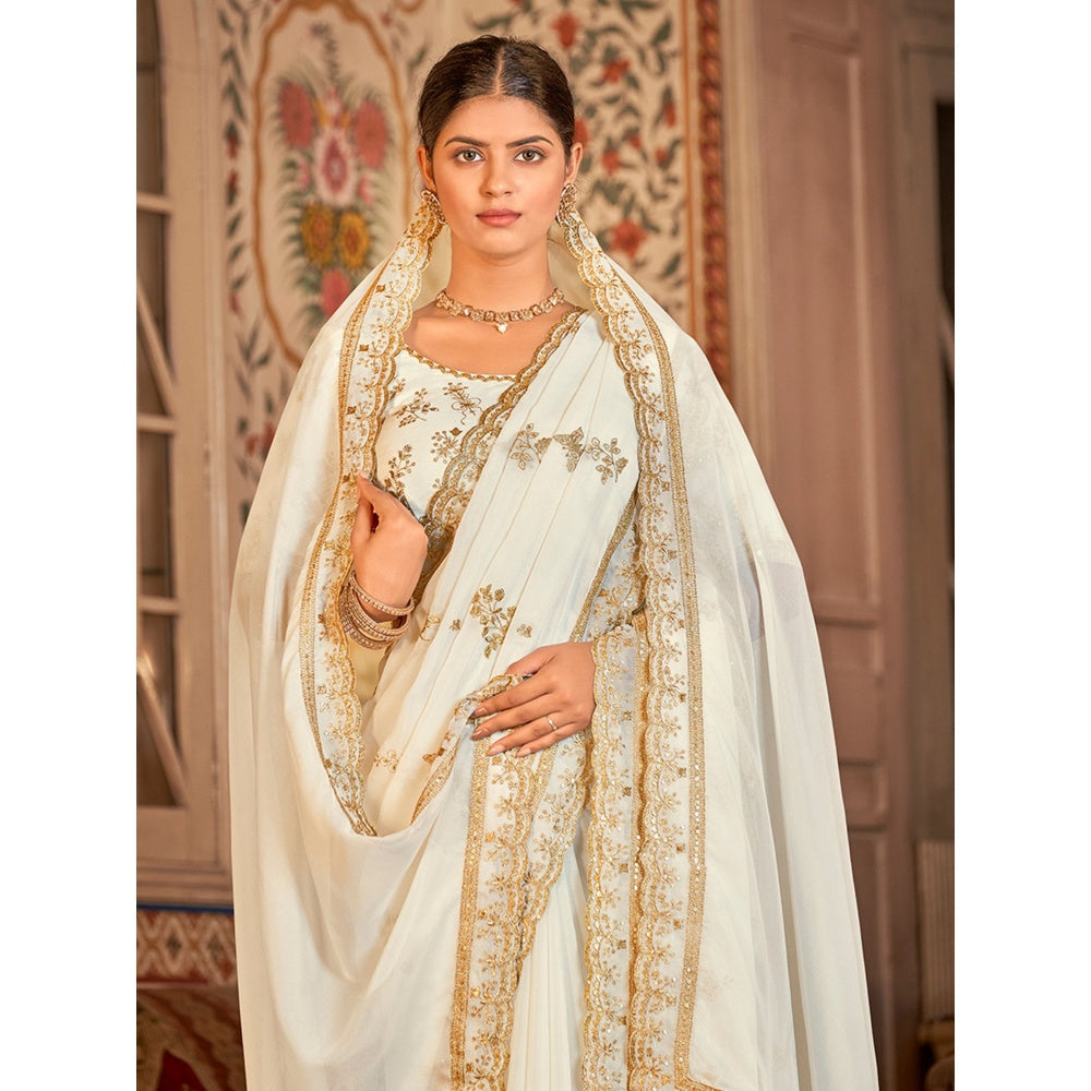 Odette Women White Organza Embroidered Saree with Unstitched Blouse