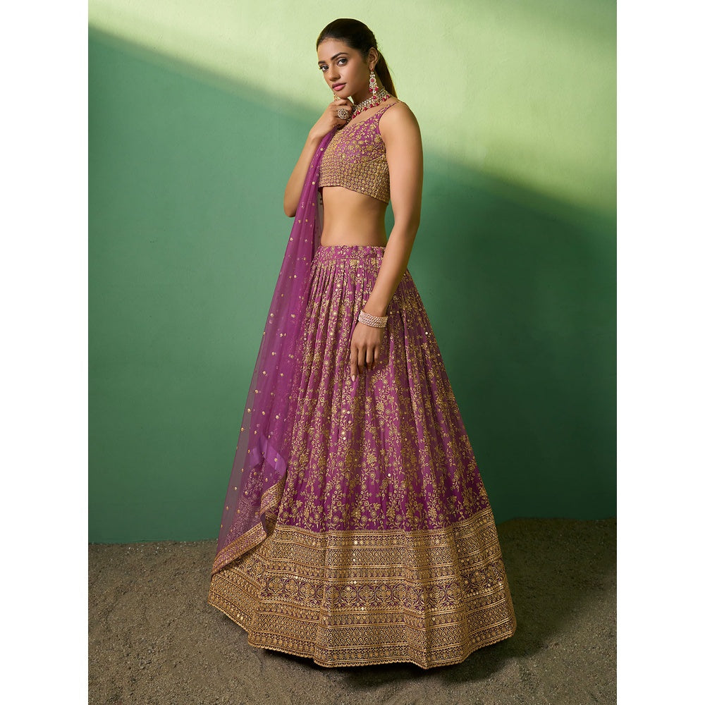 Odette Women Lavender Embroidered Gerorgette Semi Stitched Lehenga with Unstitched Blouse (Set of 3)