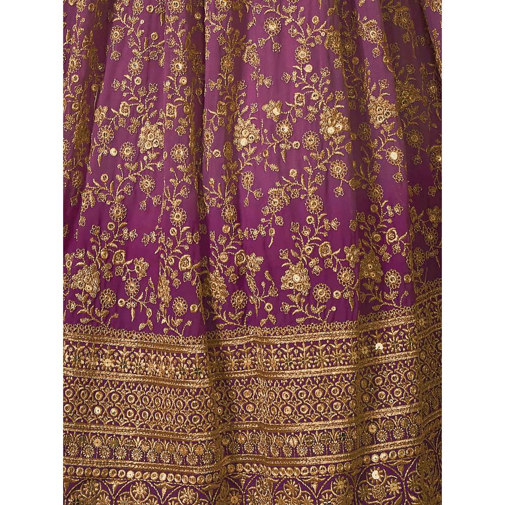 Odette Women Lavender Embroidered Gerorgette Semi Stitched Lehenga with Unstitched Blouse (Set of 3)