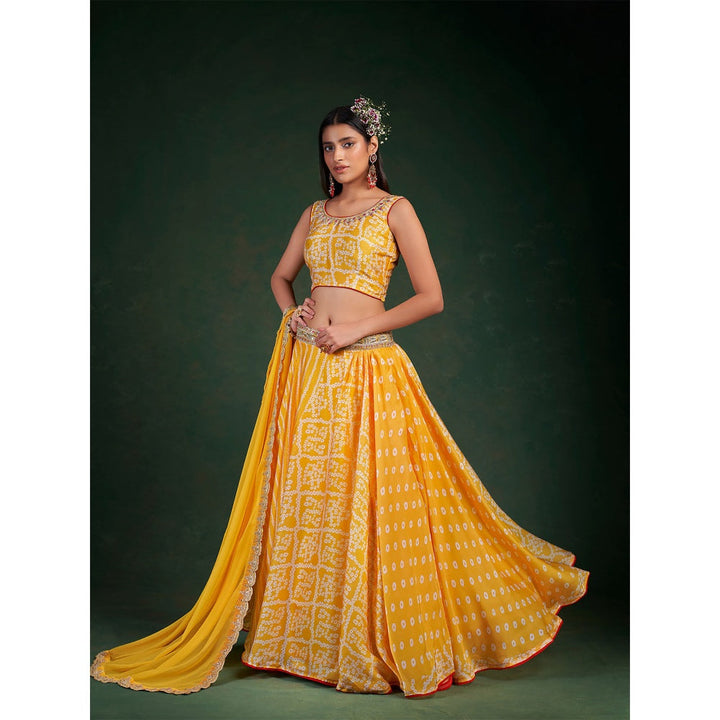 Odette Women Yellow Embroidered Chinon Semi Stitched Lehenga with Unstitched Blouse (Set of 3)