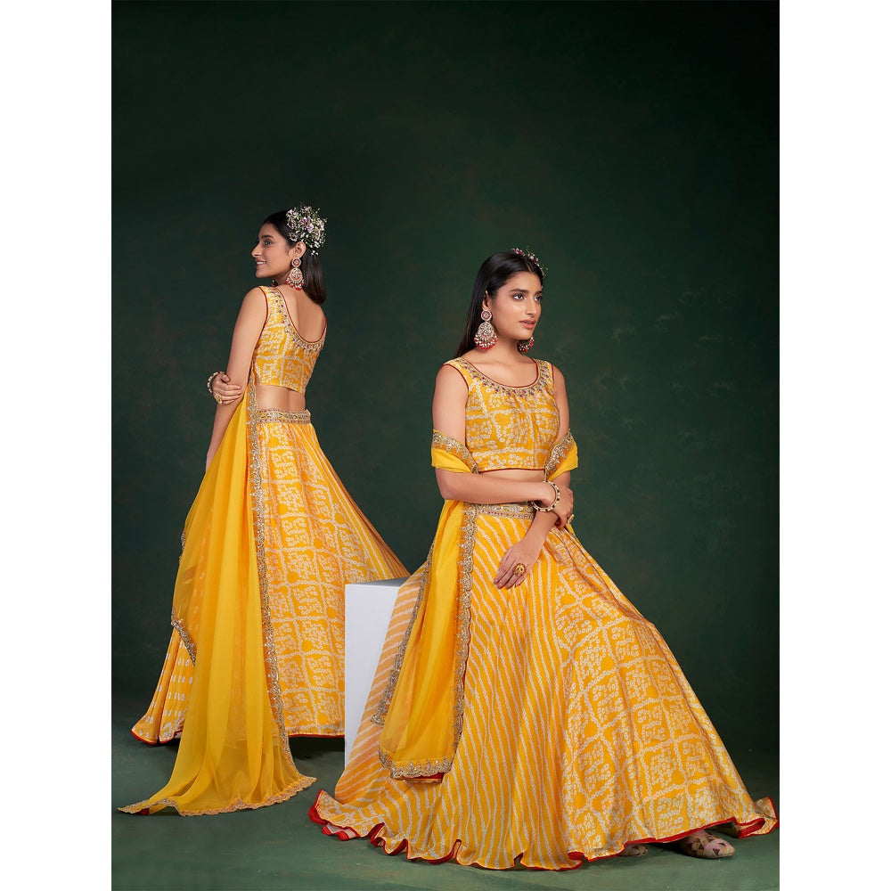 Odette Women Yellow Embroidered Chinon Semi Stitched Lehenga with Unstitched Blouse (Set of 3)