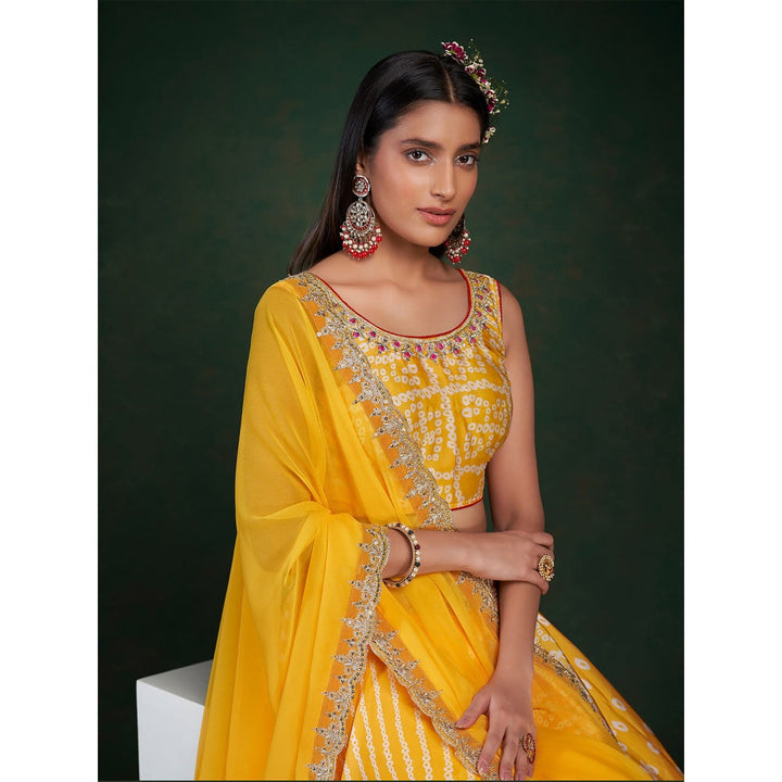 Odette Women Yellow Embroidered Chinon Semi Stitched Lehenga with Unstitched Blouse (Set of 3)