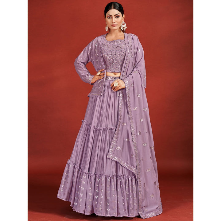 Odette Women Classic Purple Georgette Lehenga with Choli & Shrug and Dupatta (Set of 4)