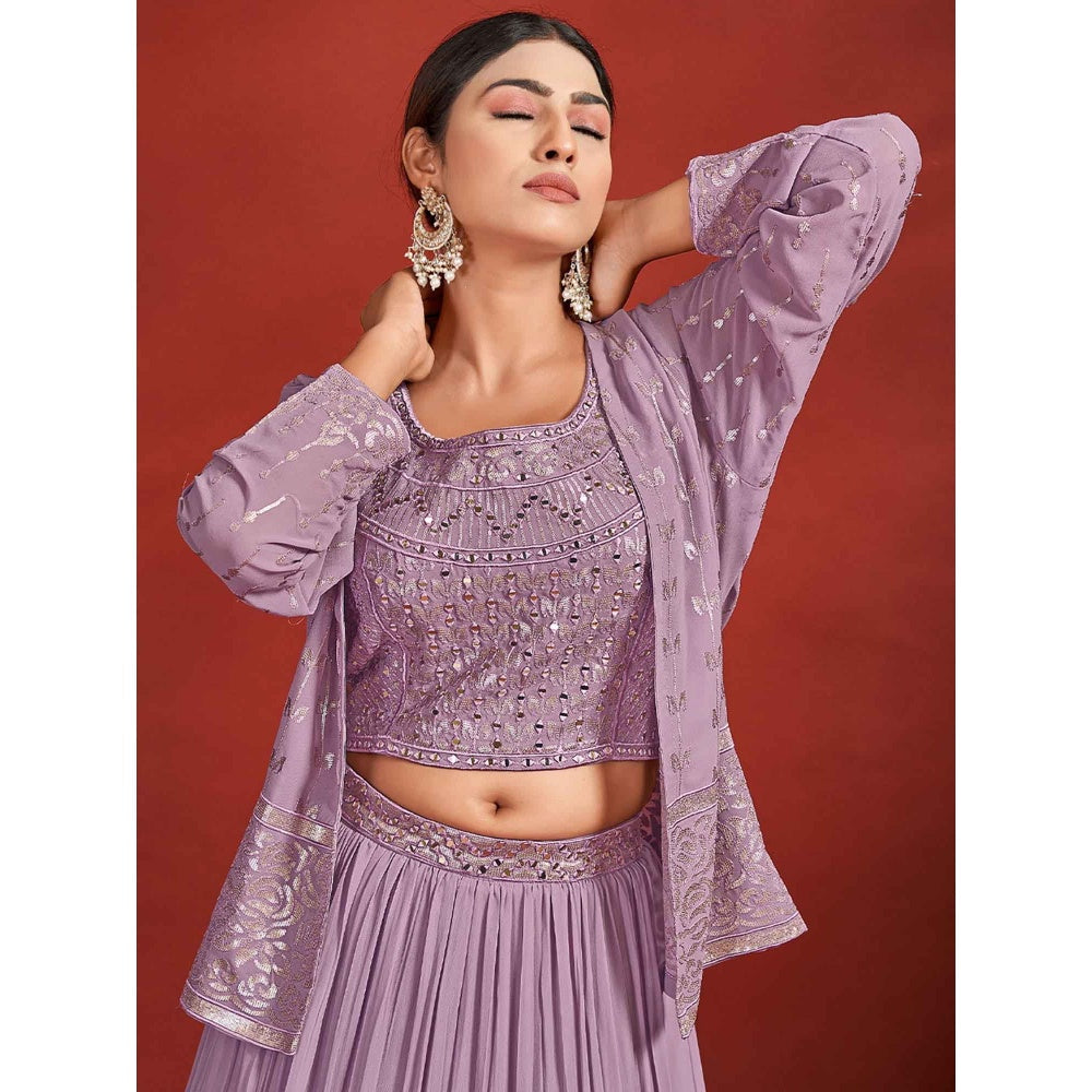 Odette Women Classic Purple Georgette Lehenga with Choli & Shrug and Dupatta (Set of 4)