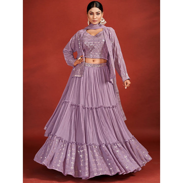 Odette Women Classic Purple Georgette Lehenga with Choli & Shrug and Dupatta (Set of 4)