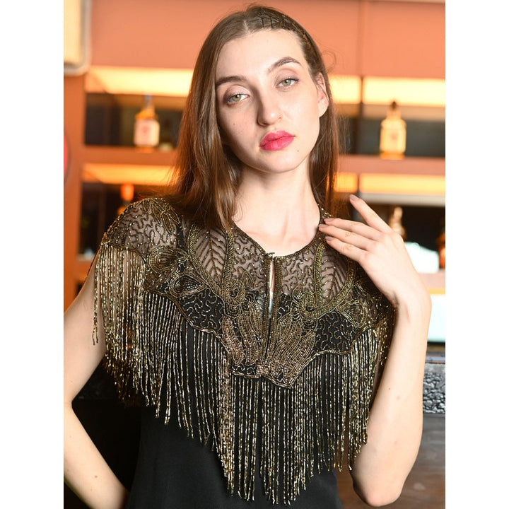 Odette Black and Gold Net Embroidered Cape for Women