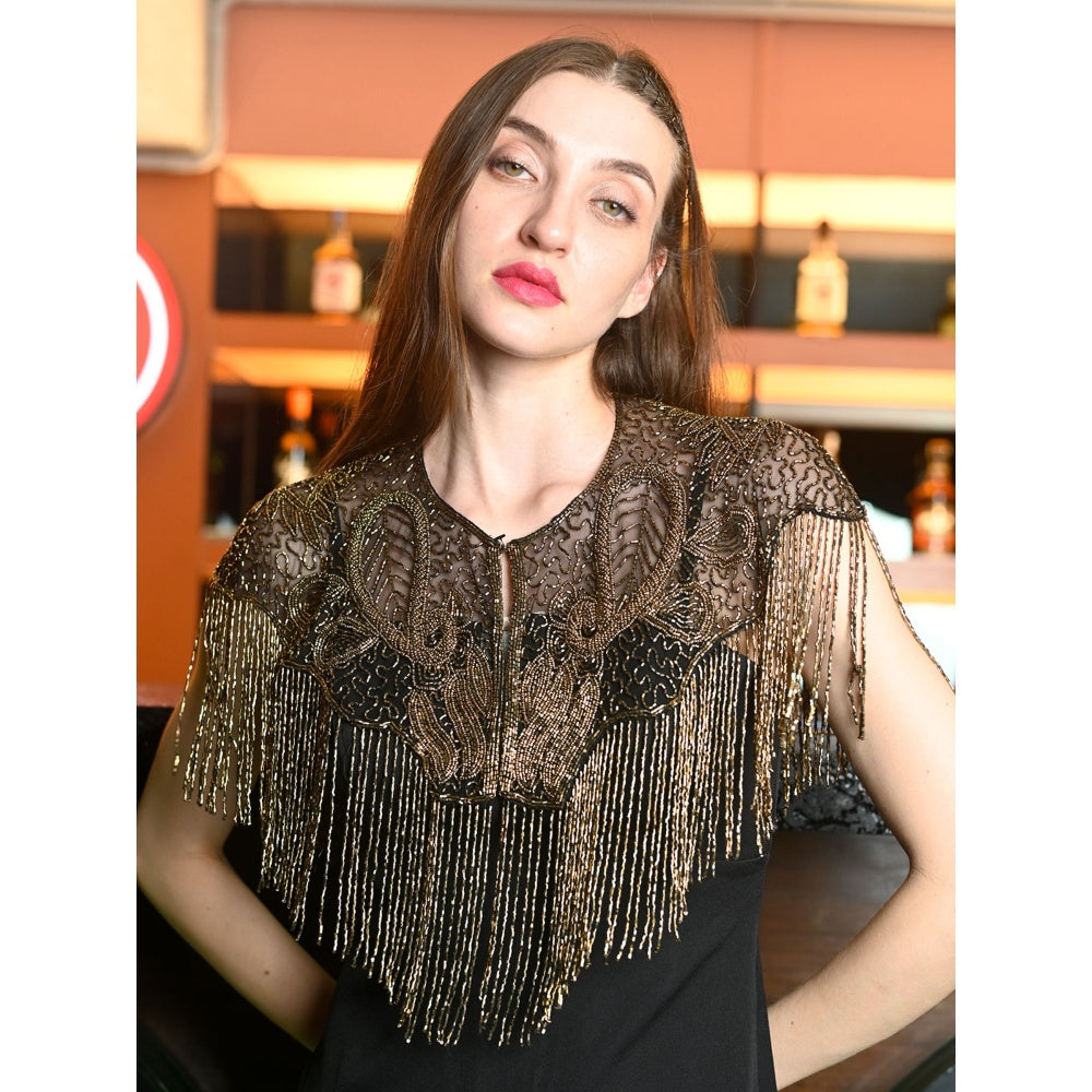 Odette Black and Gold Net Embroidered Cape for Women