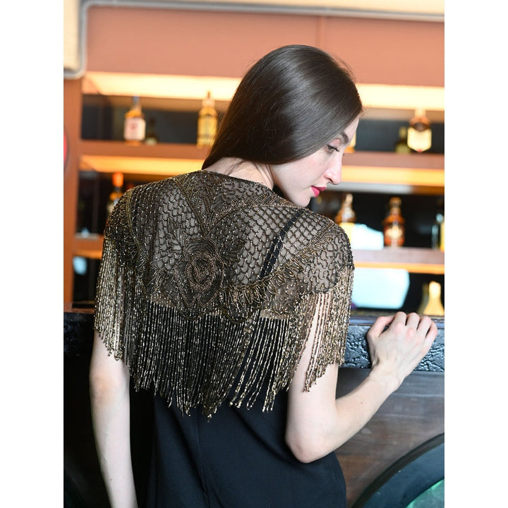 Odette Black and Gold Net Embroidered Cape for Women