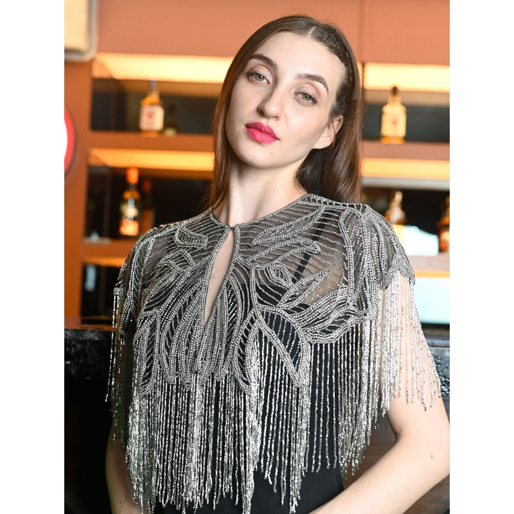 Odette Black and Silver Net Embroidered Cape for Women