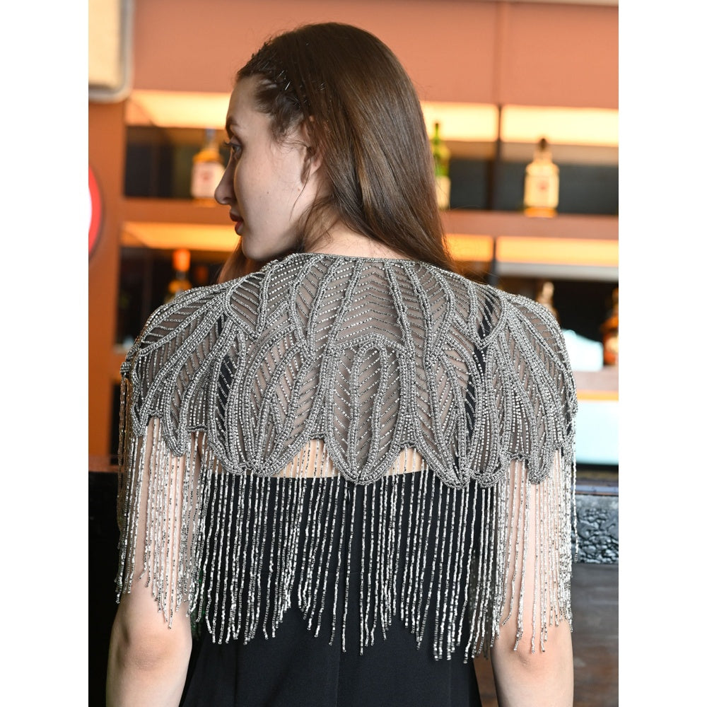 Odette Black and Silver Net Embroidered Cape for Women