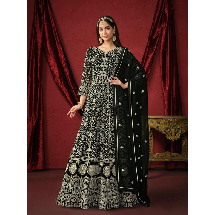 Odette Black Faux Georgette Embroidery Unstitched Gown and Inner with Dupatta For Women (Set of 3)