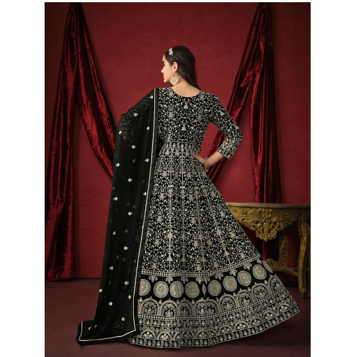 Odette Black Faux Georgette Embroidery Unstitched Gown and Inner with Dupatta For Women (Set of 3)