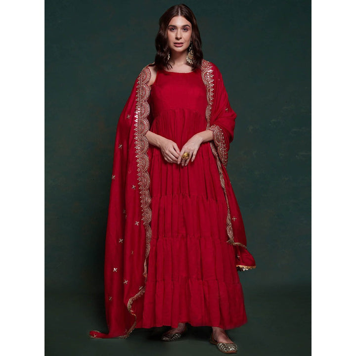 Odette Red Solid Georgette Stitched Gown for Women (Set of 2)