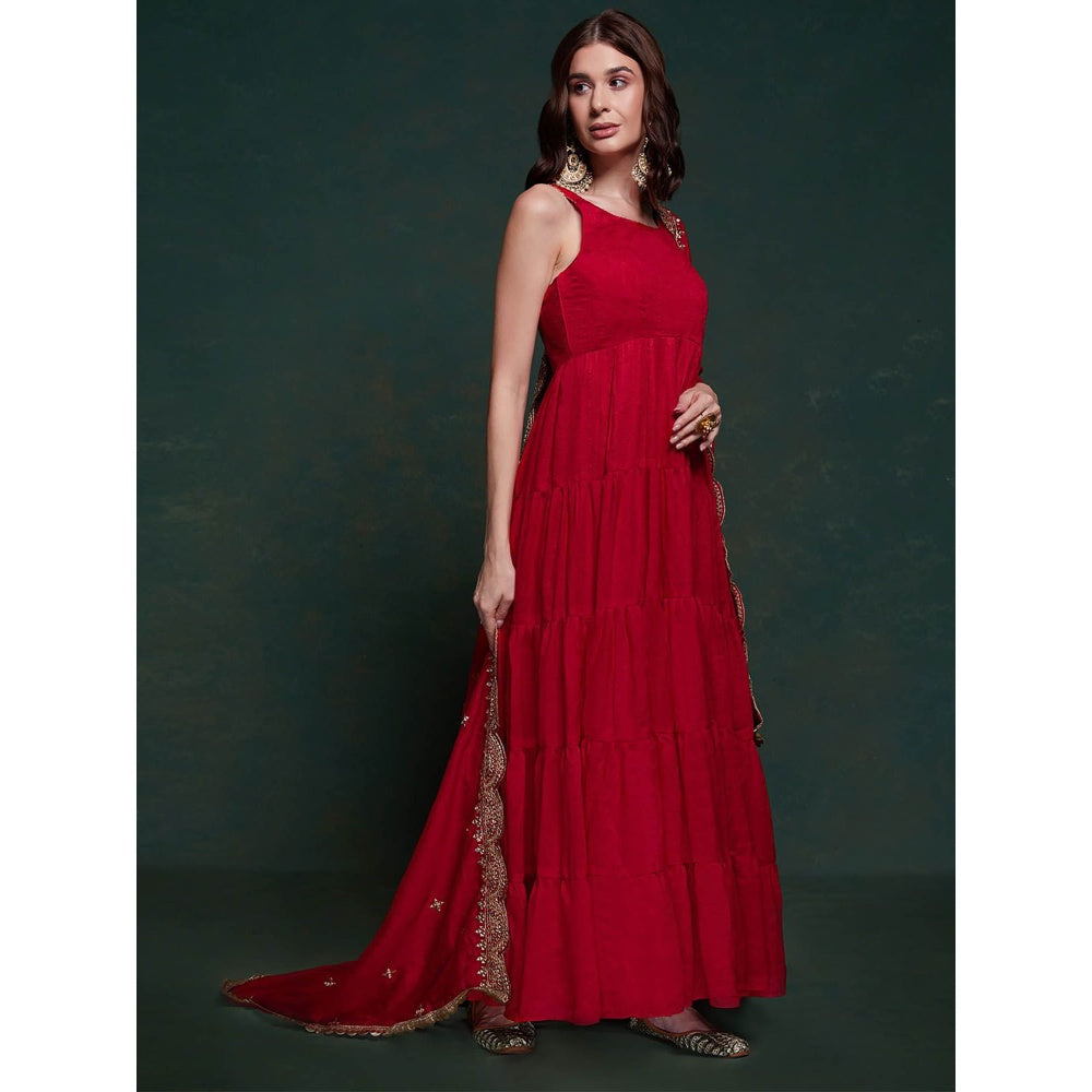 Odette Red Solid Georgette Stitched Gown for Women (Set of 2)