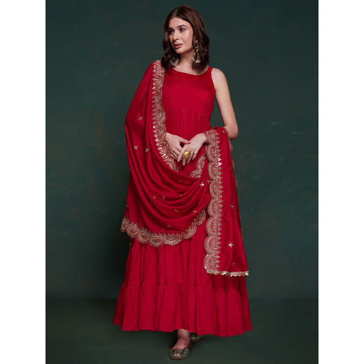 Odette Red Solid Georgette Stitched Gown for Women (Set of 2)