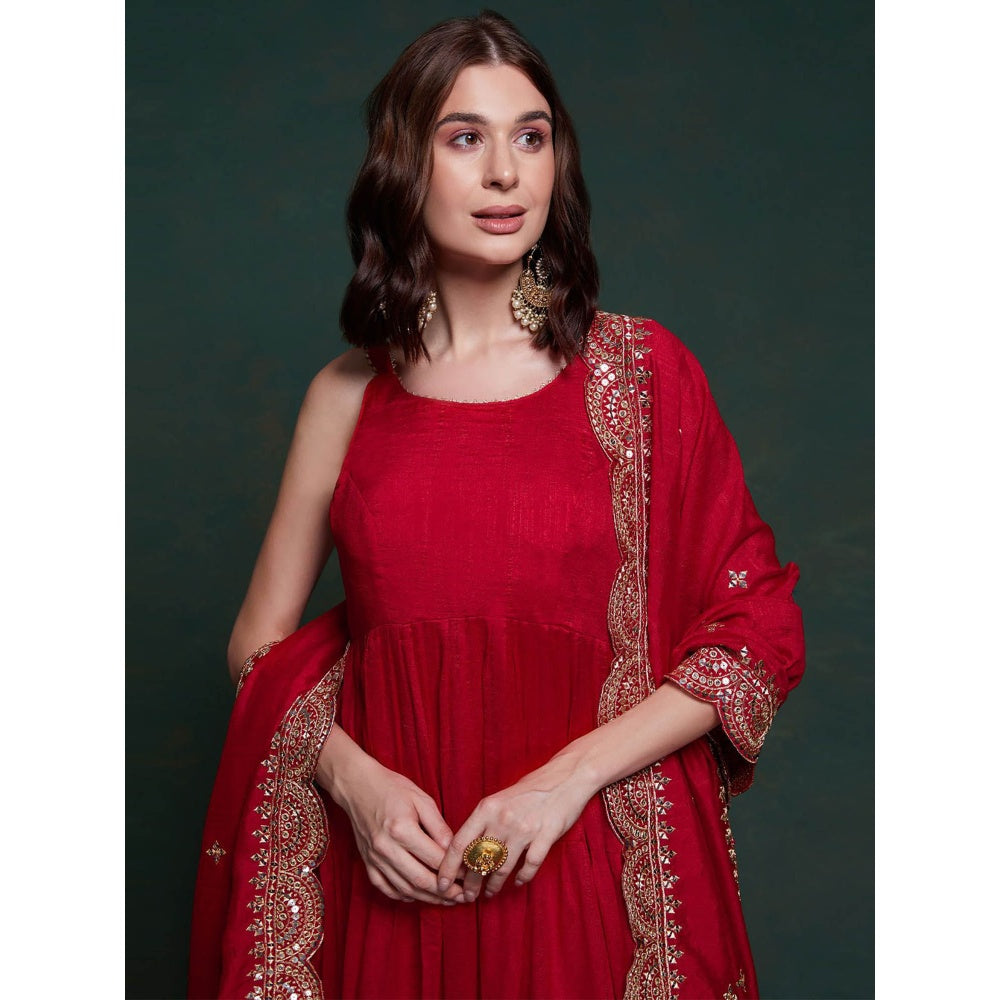 Odette Red Solid Georgette Stitched Gown for Women (Set of 2)