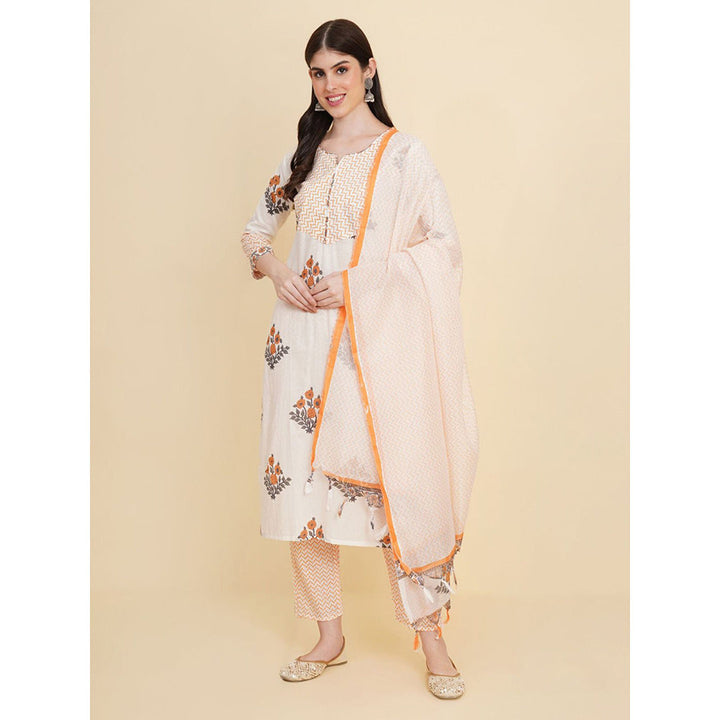 Odette White Cotton Printed Kurta with Pant & Dupatta For Women (Set of 3)