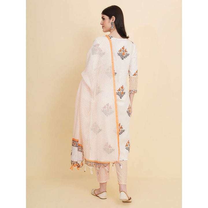 Odette White Cotton Printed Kurta with Pant & Dupatta For Women (Set of 3)