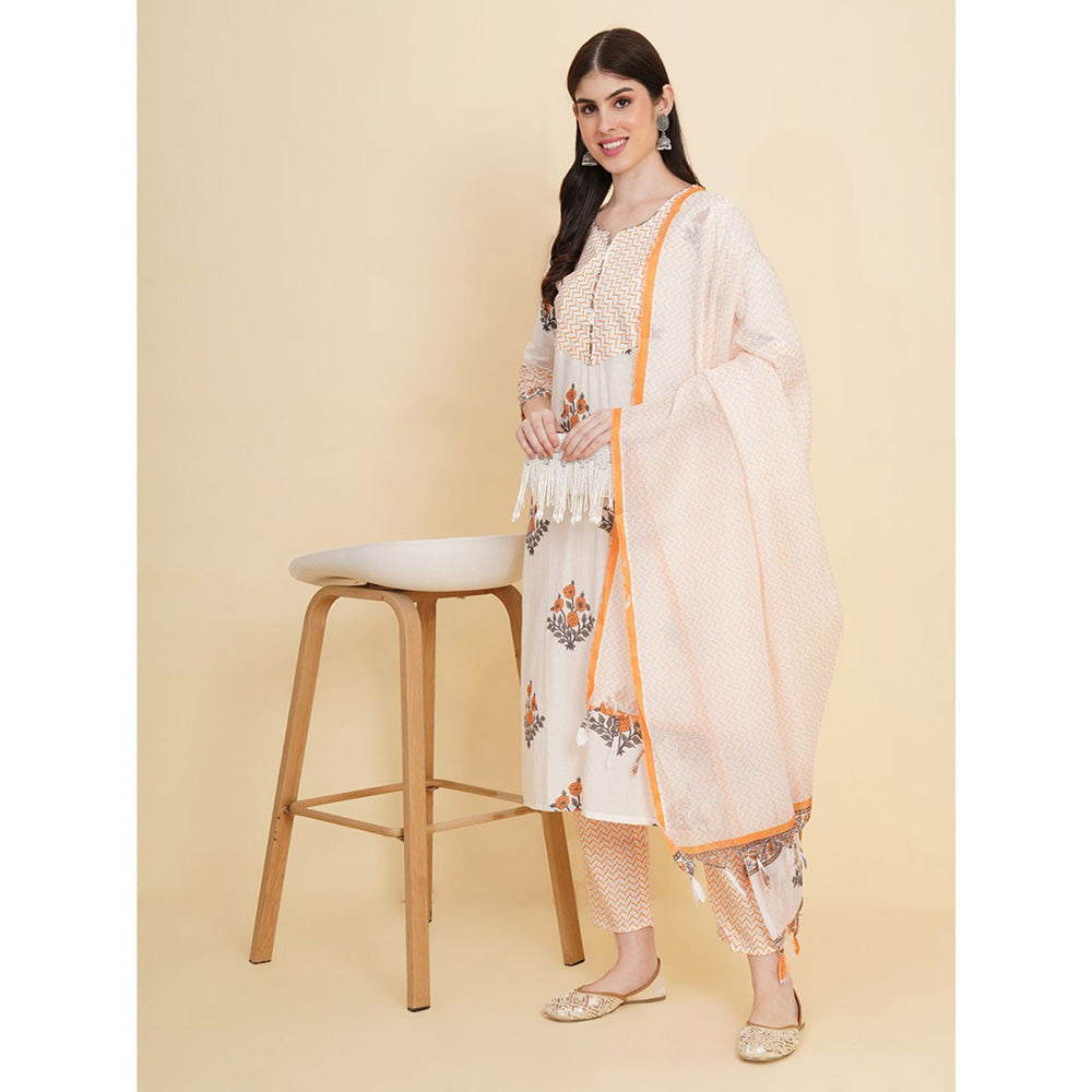 Odette White Cotton Printed Kurta with Pant & Dupatta For Women (Set of 3)