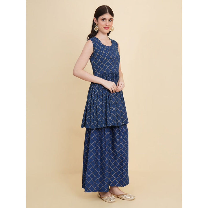 Odette Blue Cotton Printed Kurti with Palazzo & Dupatta For Women (Set of 3)