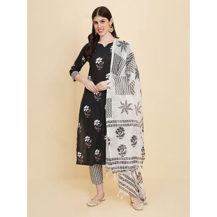 Odette Black Cotton Printed Kurta with Pant & Dupatta For Women (Set of 3)