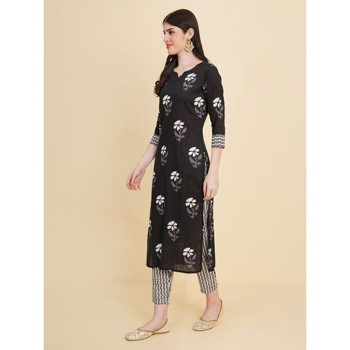 Odette Black Cotton Printed Kurta with Pant & Dupatta For Women (Set of 3)