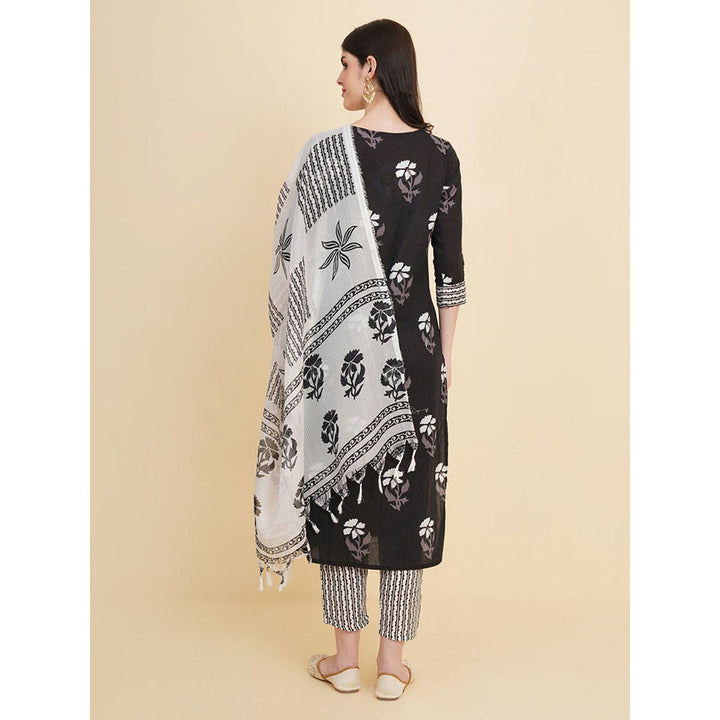 Odette Black Cotton Printed Kurta with Pant & Dupatta For Women (Set of 3)