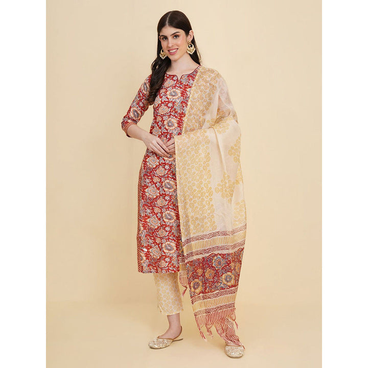 Odette Red Cotton Printed Kurta with Pant & Dupatta For Women (Set of 3)