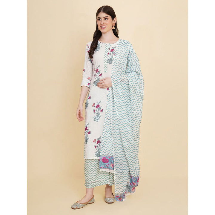 Odette White Cotton Printed Kurta with Pant & Dupatta For Women (Set of 3)