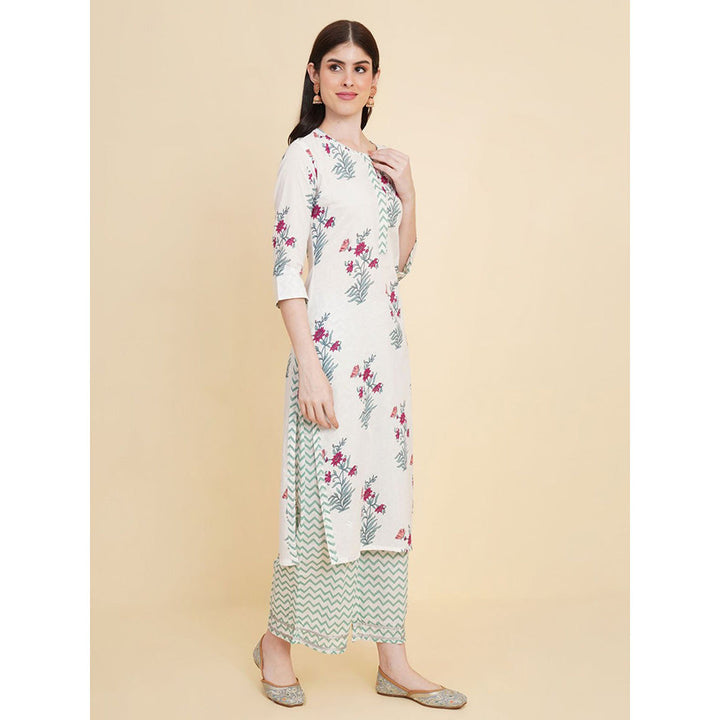 Odette White Cotton Printed Kurta with Pant & Dupatta For Women (Set of 3)