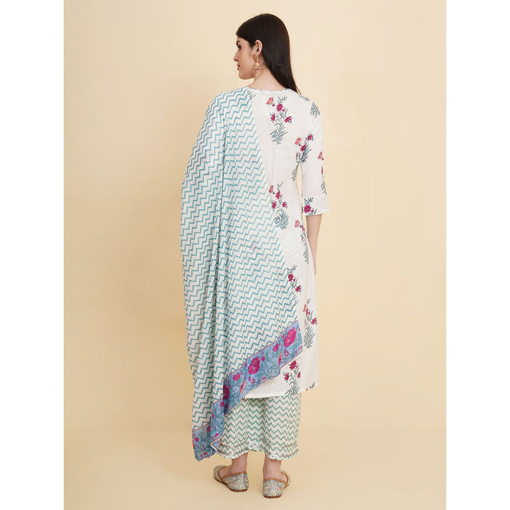 Odette White Cotton Printed Kurta with Pant & Dupatta For Women (Set of 3)