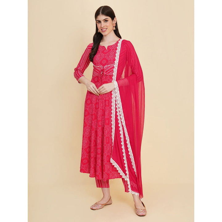 Odette Pink Cotton Printed Kurta with Pant & Dupatta For Women (Set of 3)