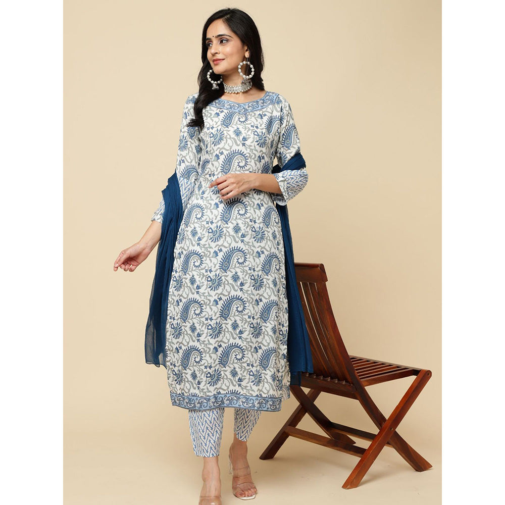 Odette White Cotton Printed Kurta with Pant & Dupatta For Women (Set of 3)