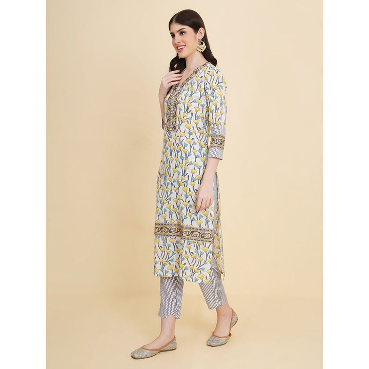 Odette White Cotton Printed Kurta with Pant & Dupatta For Women (Set of 3)