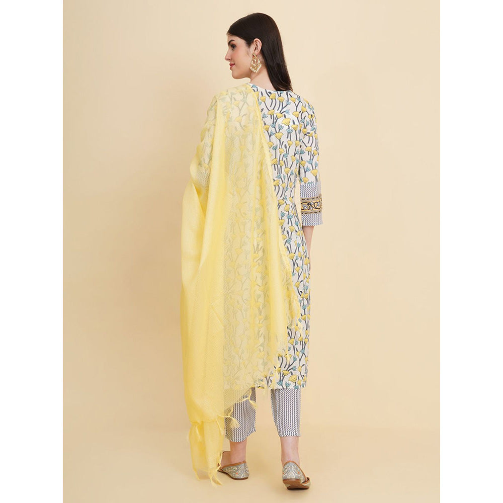 Odette White Cotton Printed Kurta with Pant & Dupatta For Women (Set of 3)